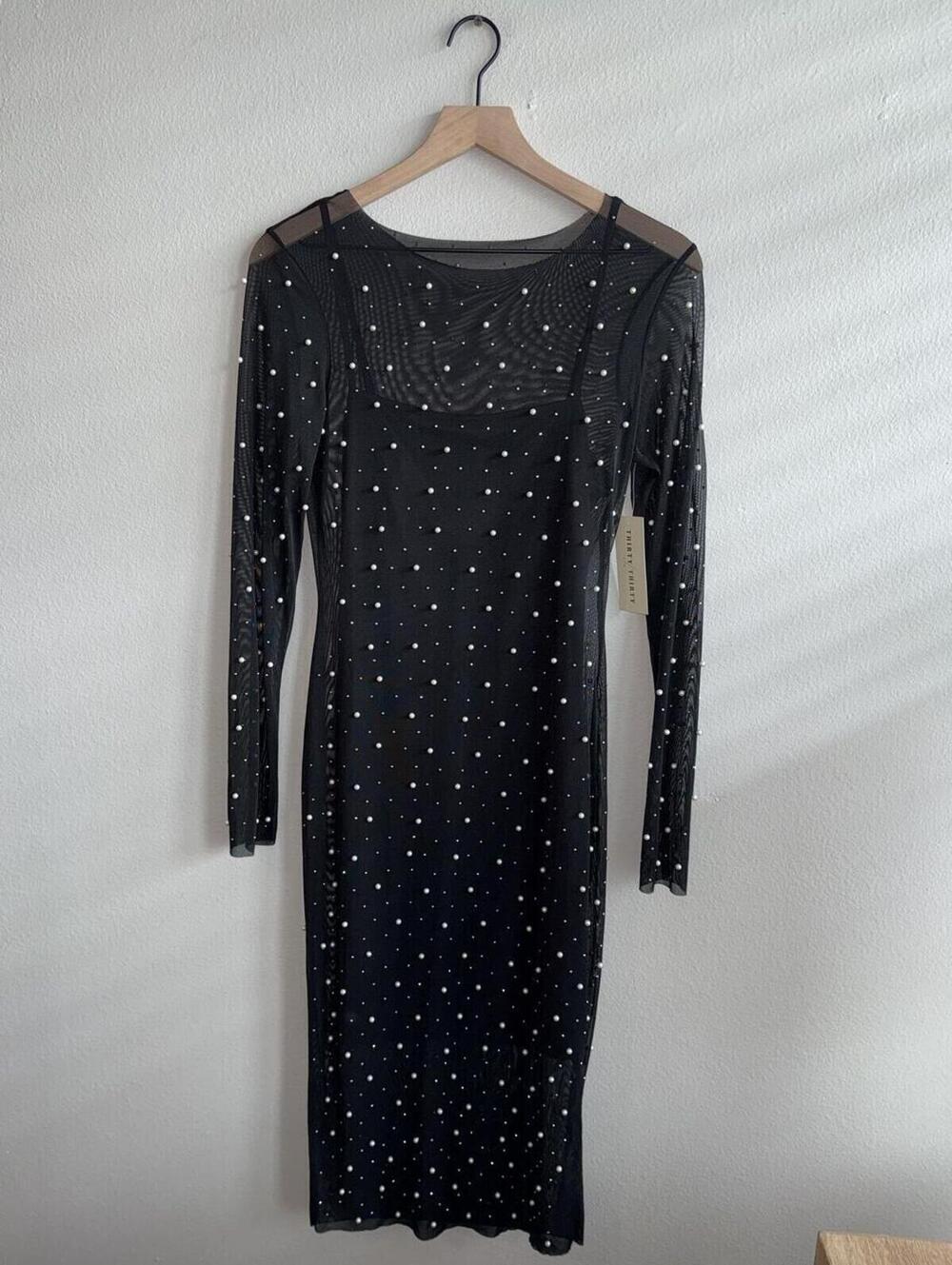 Thirty Thirty Black Pearl Mesh Dress Large Y2K Sheer Party Cocktail Dress - Picture 2 of 7
